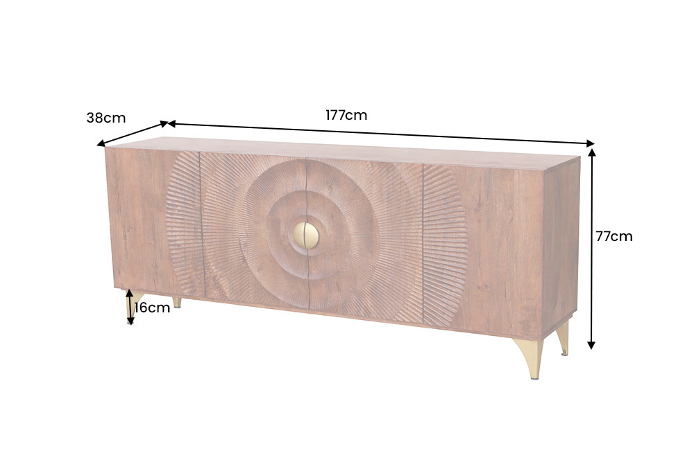 Handgearbeitetes Sideboard GOLDEN SUNSET 180cm braun mit 3D Schnitzereien gold Mangoholz Metallbeine