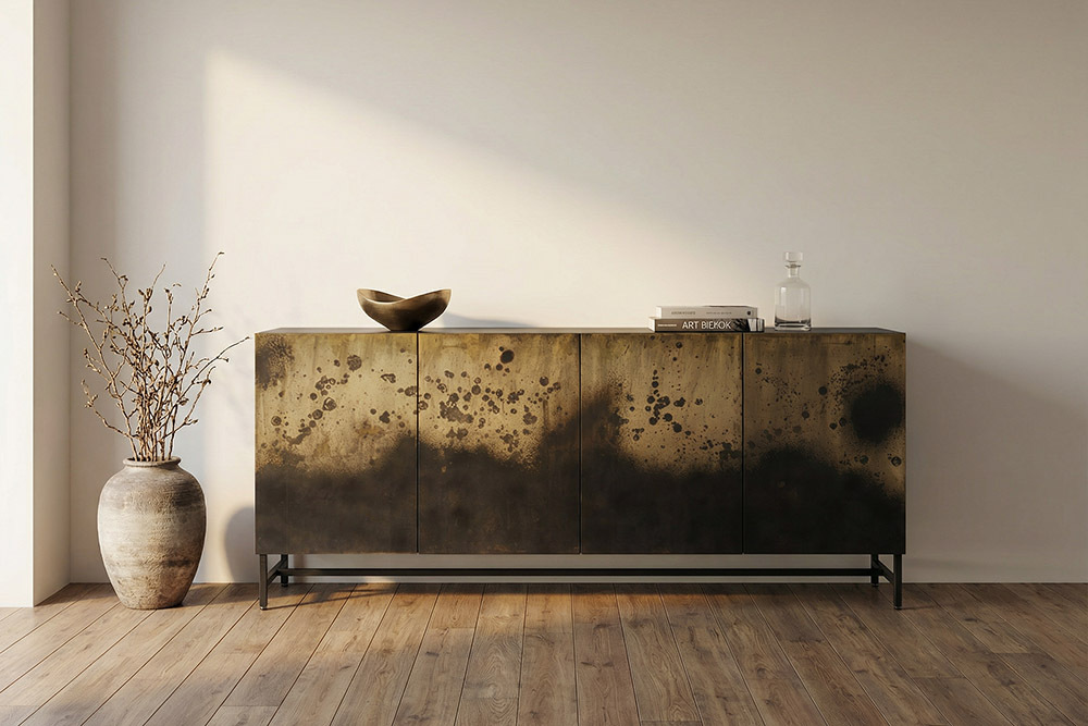 Exklusives Sideboard OXID 180cm schwarz gold massives Mangoholz Metall Soft Close