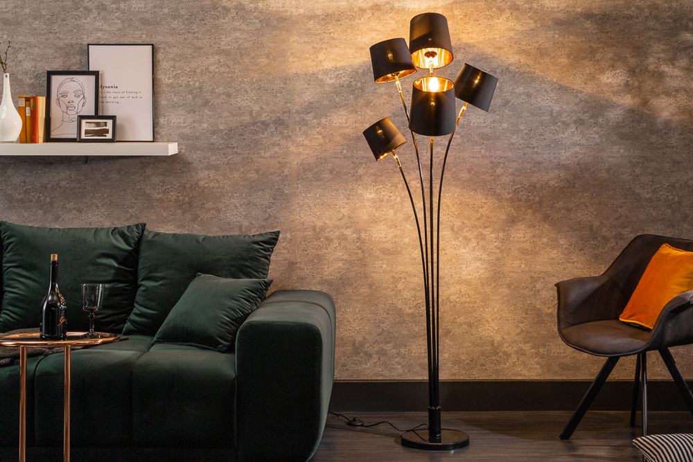 Design Stehlampe LEVELS 176cm mit 5 Leinenschirmen schwarz gold Stehleuchte