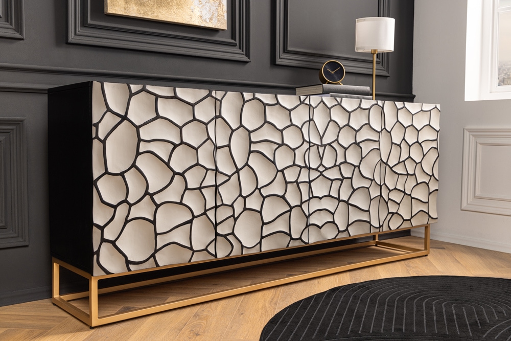 Massivholz Sideboard VULCANO 180cm weiß schwarz Mangoholz mit 3D Schnitzereien handmade Metallgestell gold