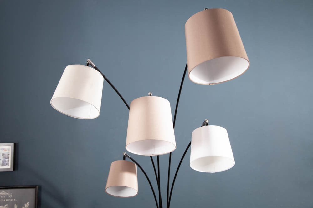 Design Bogenlampe LEVELS 205cm weiß beige braun 5 Leinenschirme Stehlampe