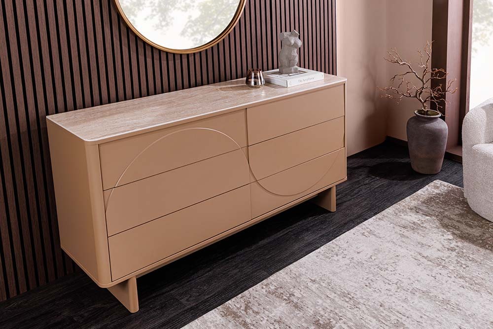 Design Sideboard SAVOY 150cm grau beige greige Keramik Travertin mit sechs Schubladen