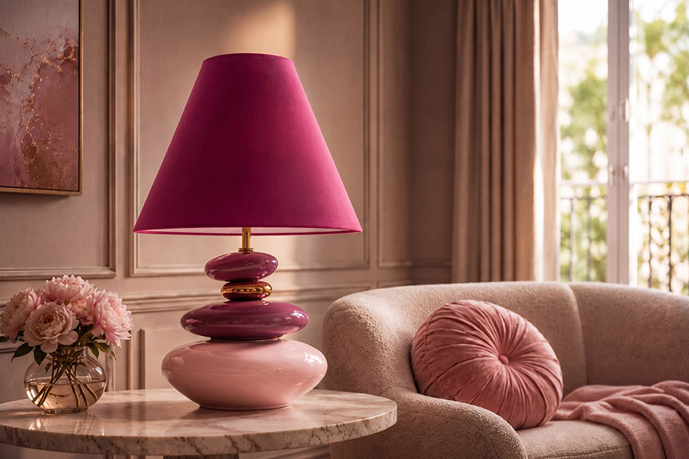 Dekorative Tischlampe STONES OF ECSTASY 60cm pink rosa gold mit Stoffschirm rund » Jetzt kaufen