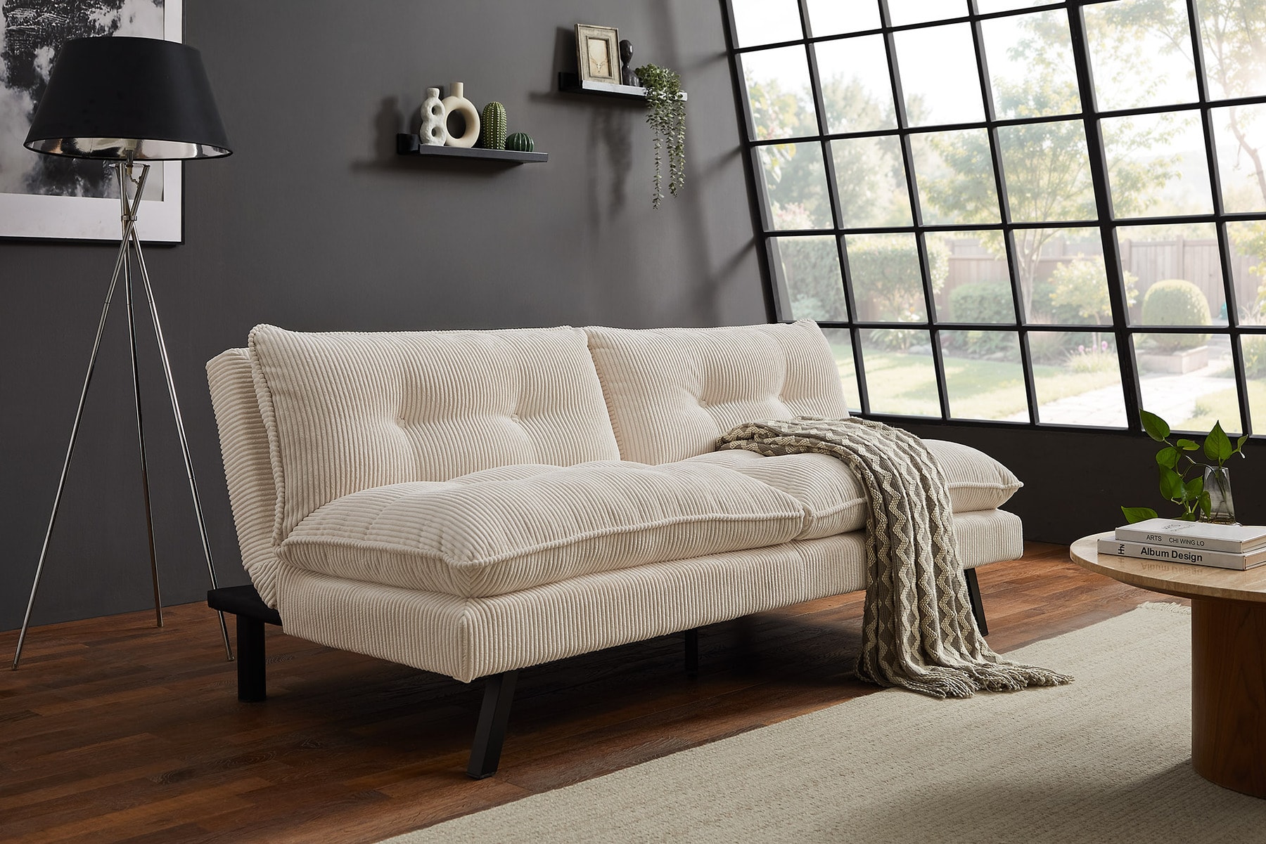 Modernes Schlafsofa COCOONING 190cm beige Cord 3-Sitzer Couch