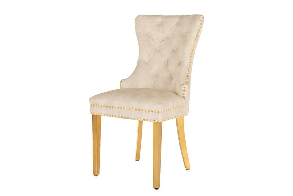 Barock Stuhl CASTLE DELUXE beige Samt gold Edelstahl mit Löwenkopf Ziernieten