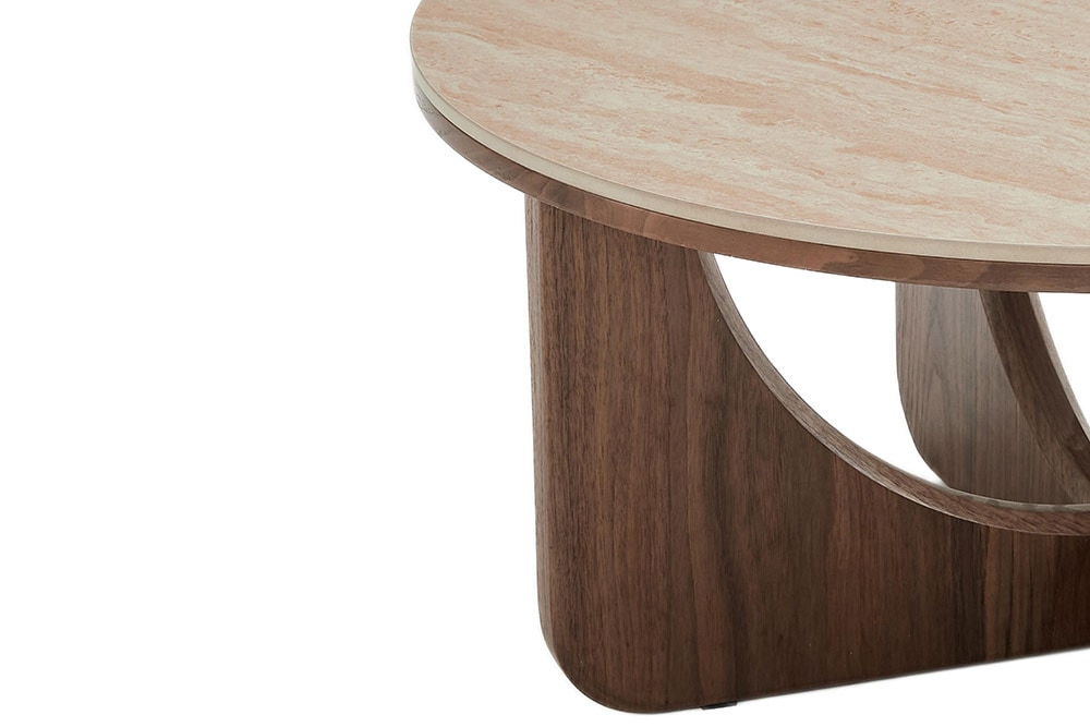 Runder Couchtisch ENSO 80cm champagner greige Travertin Keramik Walnussholz