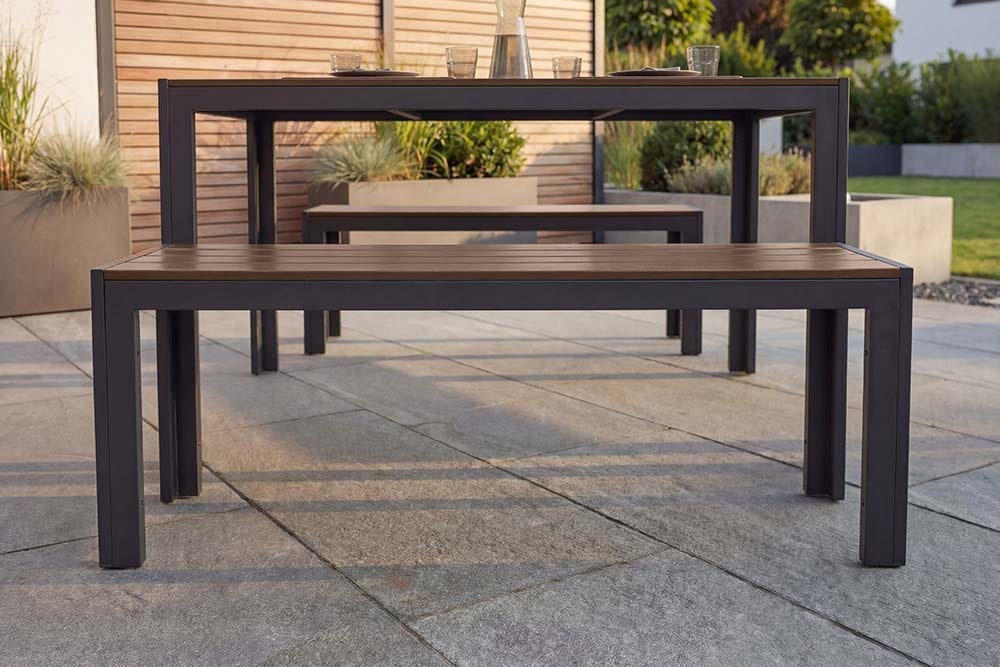 Moderne Gartenbank DESIGNO 130cm dunkelbraun schwarz Aluminium wetterfest Outdoor Sitzbank Moderne Gartenbank DESIGNO 130cm dunkelbraun schwarz Aluminium wetterfest Outdoor Sitzbank