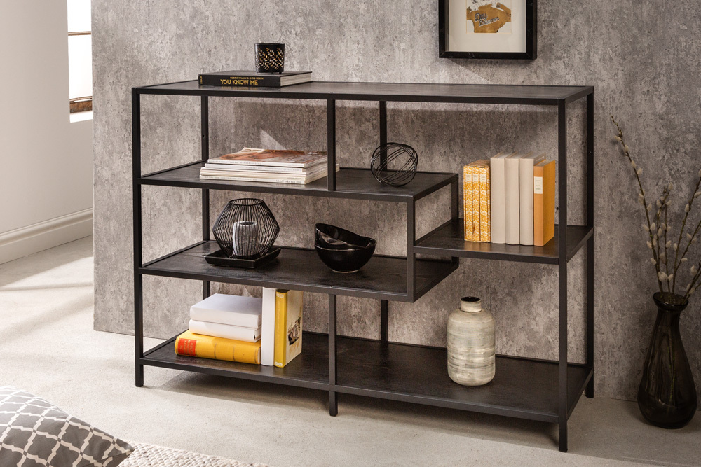 Industrial Bücherregal SLIM LINE 114cm Esche schwarz fünf Regalböden