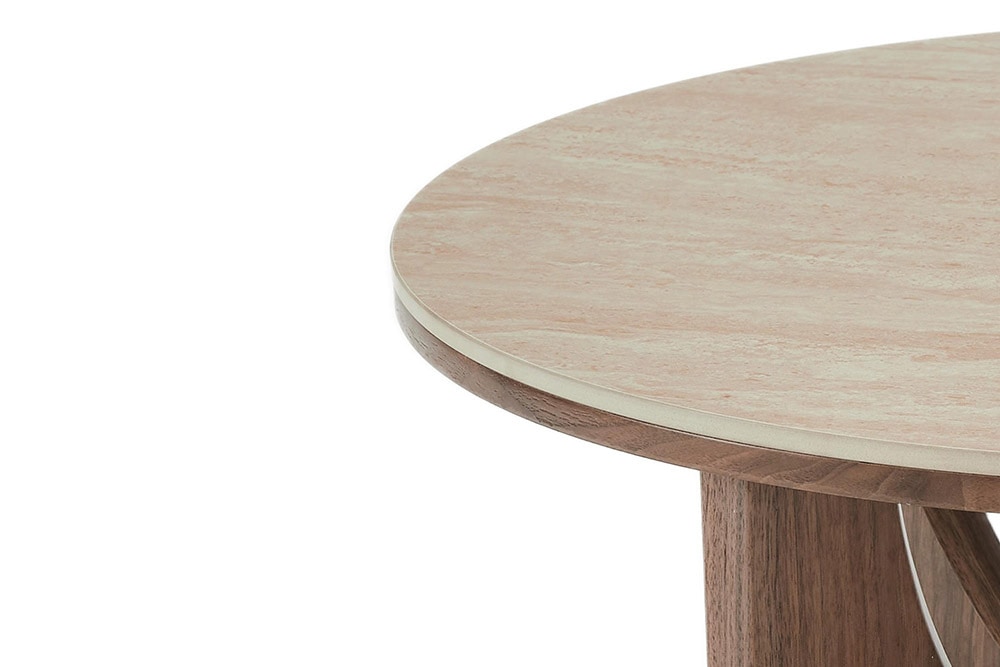 Runder Couchtisch ENSO 80cm champagner greige Travertin Keramik Walnussholz