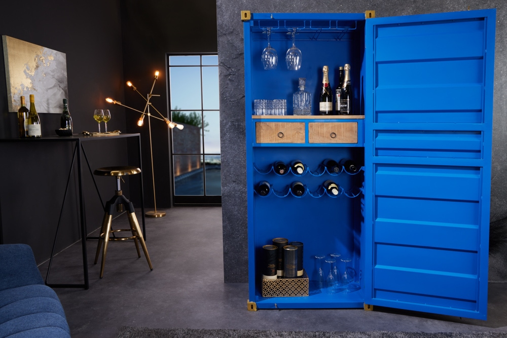 Design Barschrank Container GLOBETROTTER 180cm blau Weinregal Upcycling