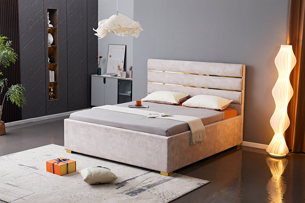 Modernes Boxbett METROPOLITAN 180x200cm beige Samt mit Lattenrost und Stauraum