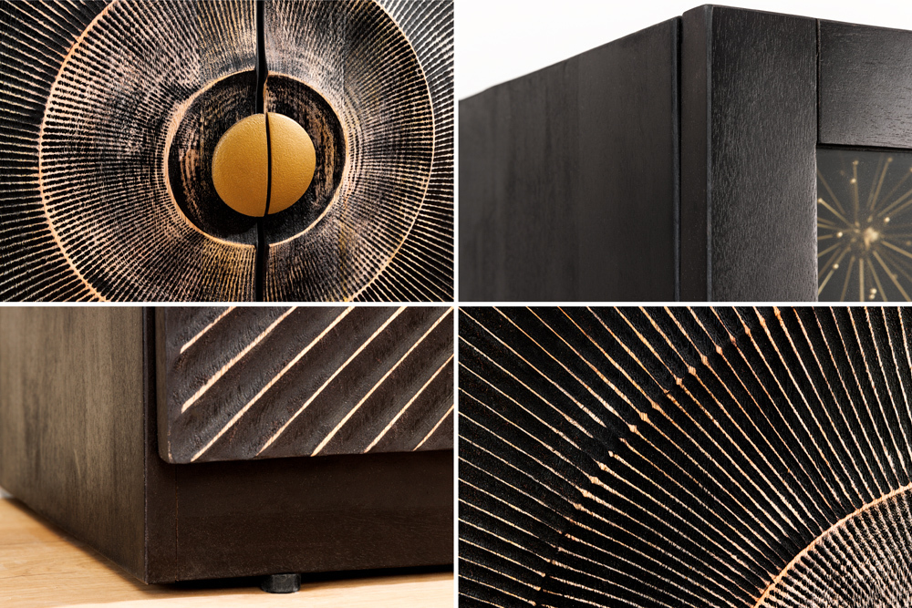 Massives Highboard GOLDEN SUNSET 180cm schwarz gold Mangoholz mit Glastüren Vitrine