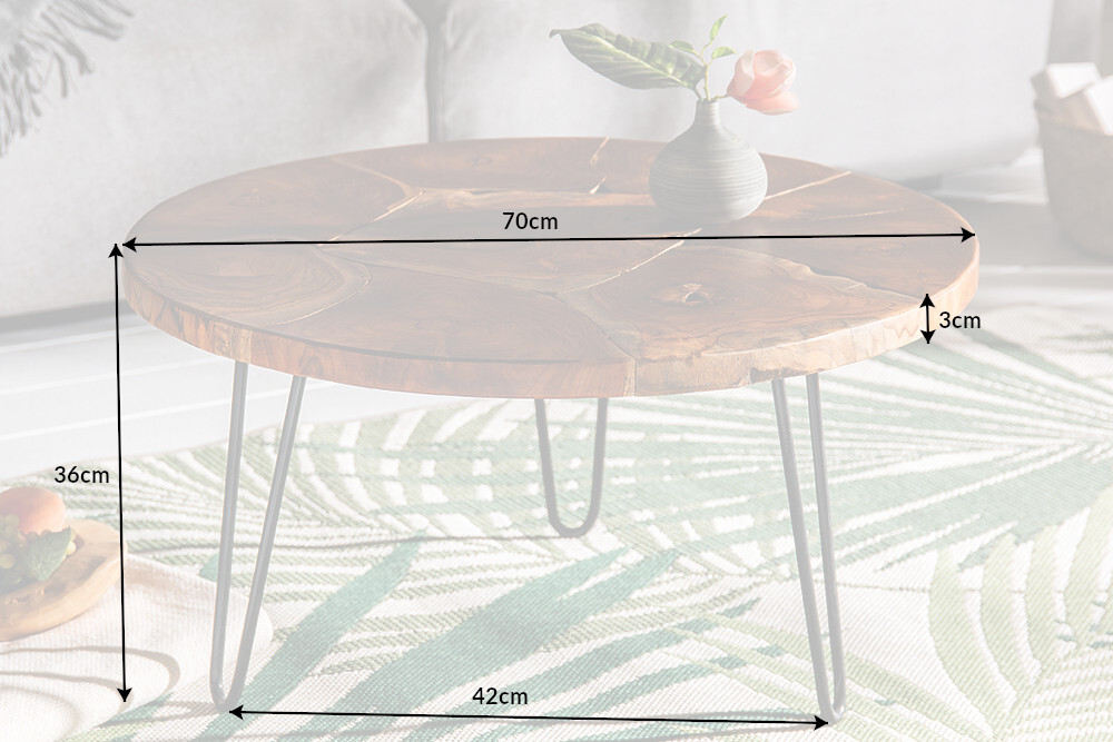 Runder Massivholz Couchtisch MOSAIK 70cm natur Teak Hairpin Legs schwarz Metall handmade