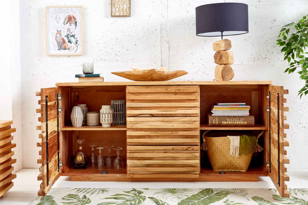 Massivholz Sideboard RELIEF 160cm Akazie Kommode mit Schubladen aufwändige Front