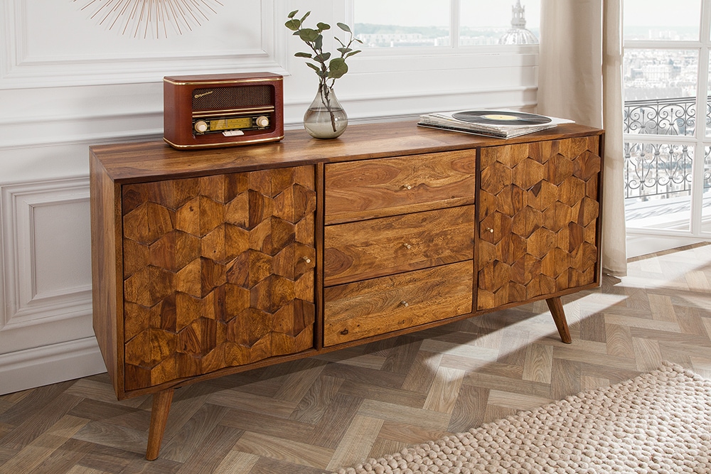Massivholz Sideboard MYSTIC LIVING 145cm braun Sheesham stone finish Kommode Schubladen