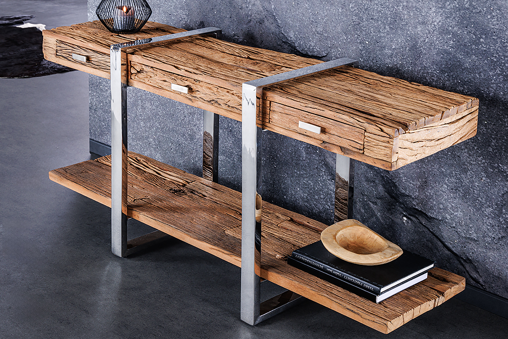 Massivholz Konsolentisch BARRACUDA 140cm braun Teakholz silber Edelstahl verchromt mit Schubladen