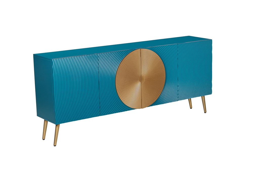Massives Sideboard AURUM 180cm türkis Mangoholz mit ikonischem Gold-Element