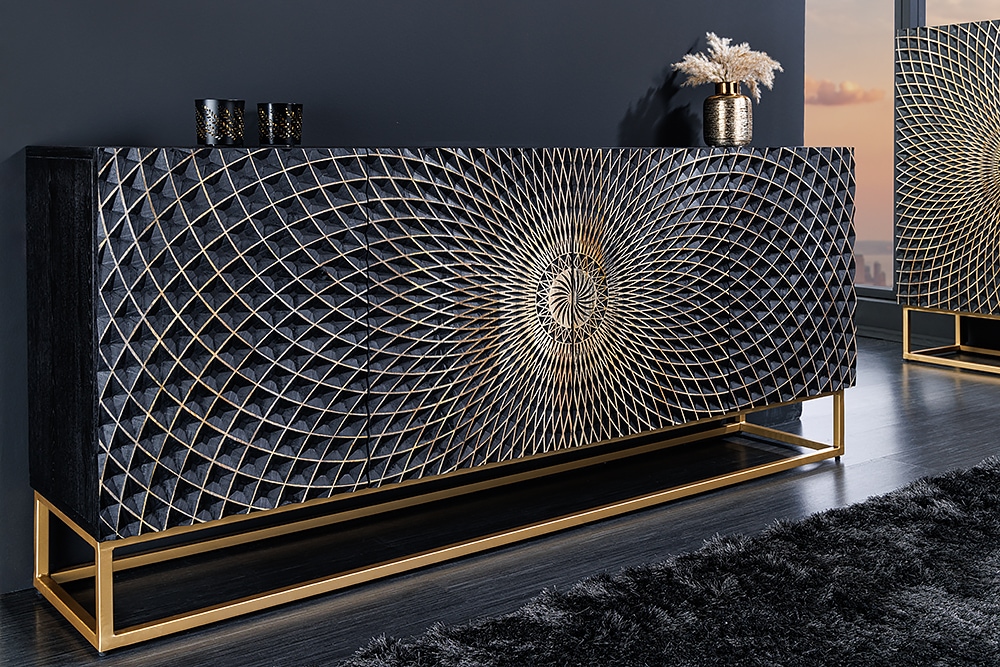 Design Sideboard ILLUSION 180cm schwarz Mangoholz Massivholz mit 3D Schnitzereien gold Eisen Metallgestell