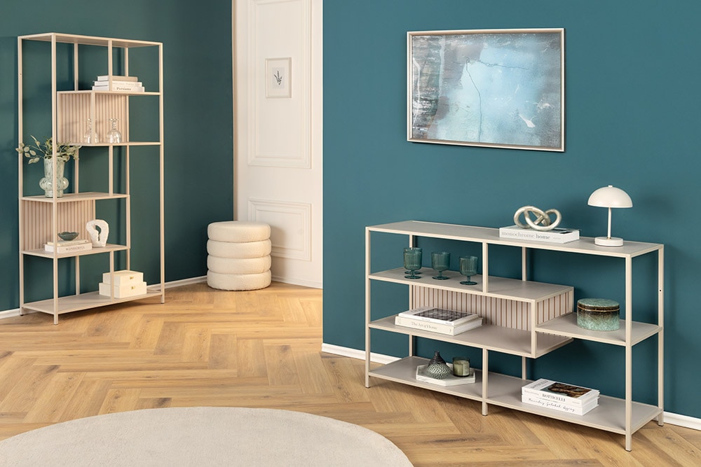 Modernes Bücherregal SLIM LINE 115cm champagner beige Metallgestell fünf Regalböden Modernes Bücherregal SLIM LINE 115cm champagner beige Metallgestell fünf Regalböden