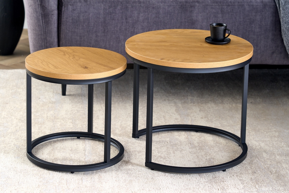 Runde Beistelltische 2er Set ELEGANCE 45cm natur Wildeiche-Design Holz schwarzes Metallgestell