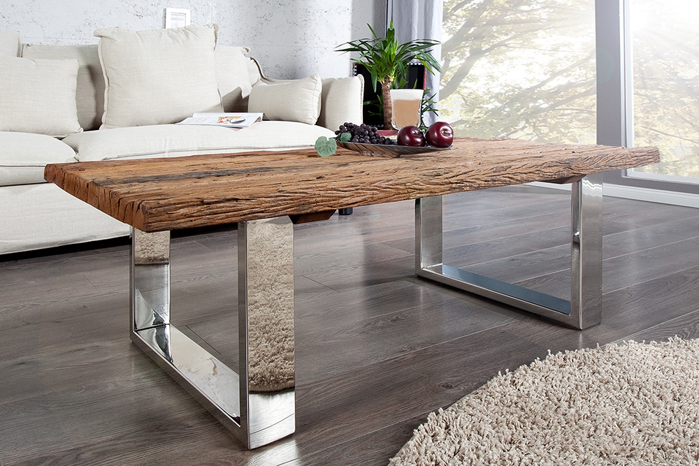 Eindrucksvoller Couchtisch BARRACUDA 110cm antik Teakholz mit Kufengestell und Glas