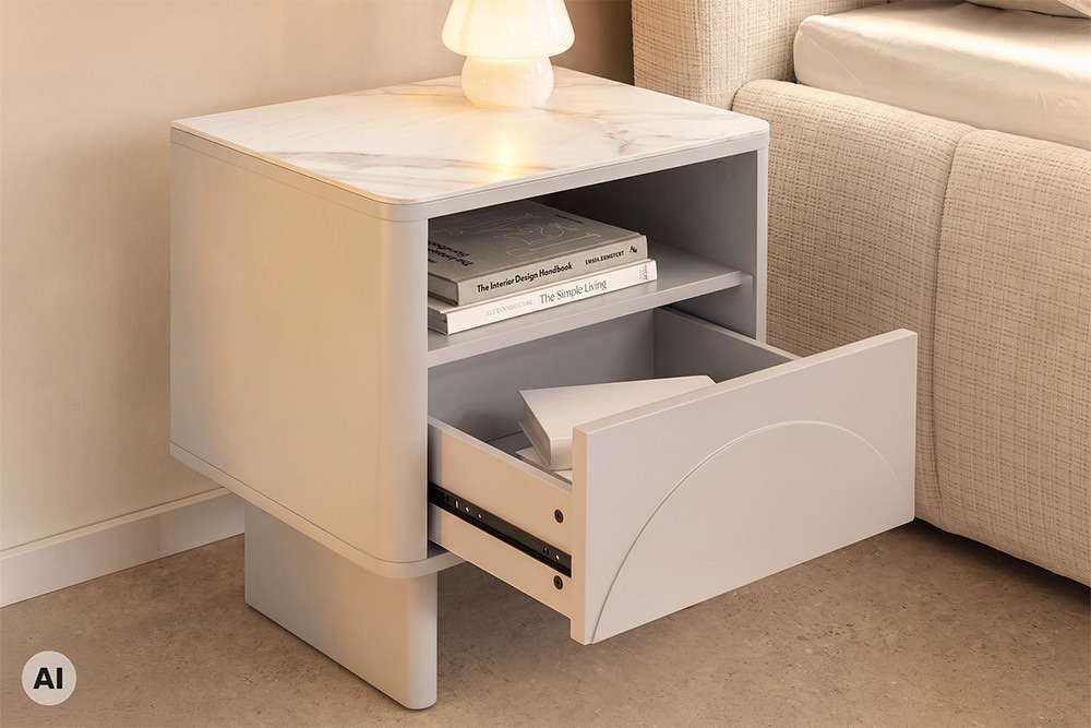 Nachttisch SAVOY 50cm kaschmir beige Keramik Marmor weiß Beistelltisch