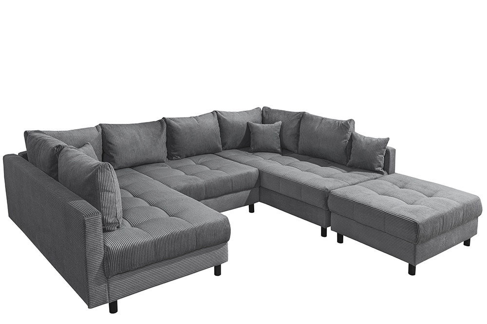Moderne XXL Wohnlandschaft KENT 305cm anthrazit Cord Bigsofa inkl. Hocker Federkern