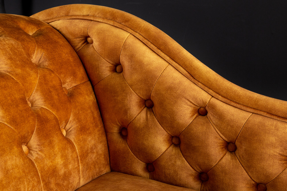 Design Récamière CHESTERFIELD 170cm senfgelb Samt Knopfheftung Nietenbesatz