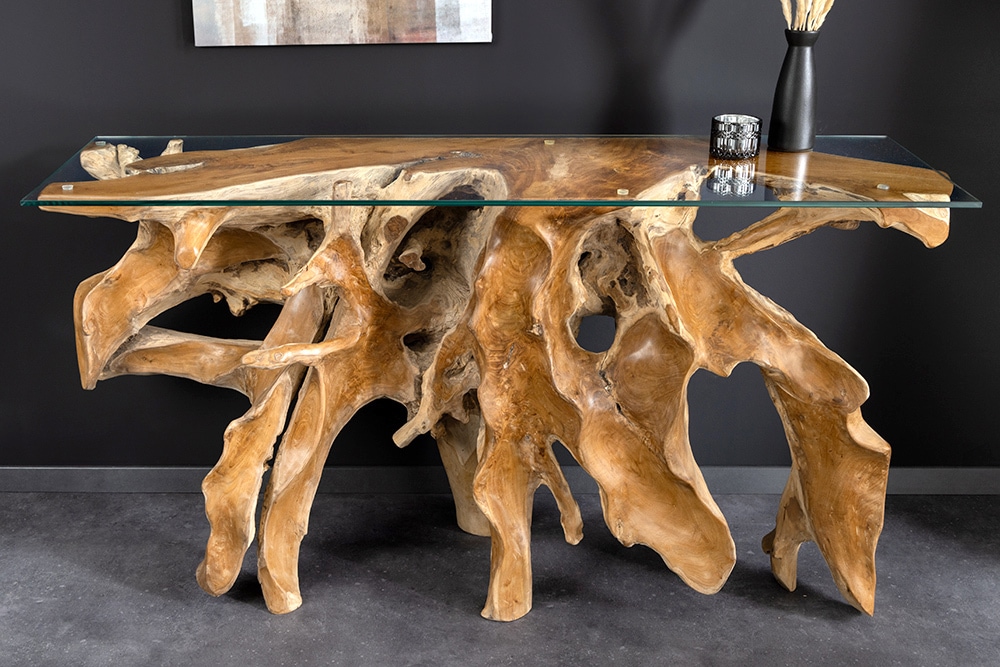 Massiver Konsolentisch ROOT 150cm natur Teak Massivholz aus Wurzelholz Glasplatte Massiver Konsolentisch ROOT 150cm natur Teak Massivholz aus Wurzelholz Glasplatte