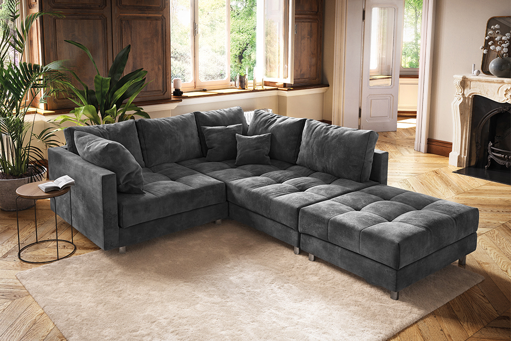 Moderne Wohnlandschaft KENT 220cm grau Samt Ecksofa Federkern inkl. Hocker und Kissen