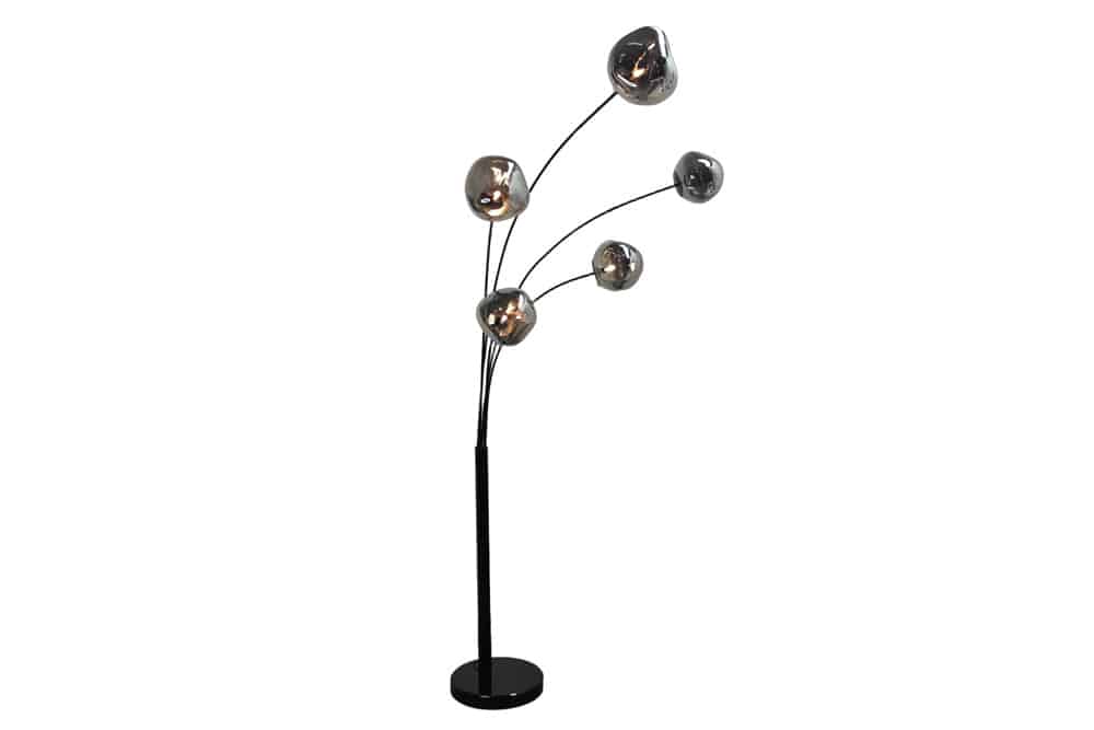 Design Stehlampe LIQUID DIAMOND 200cm schwarz smoke grau fünf Glasschirme mit Marmorfuß