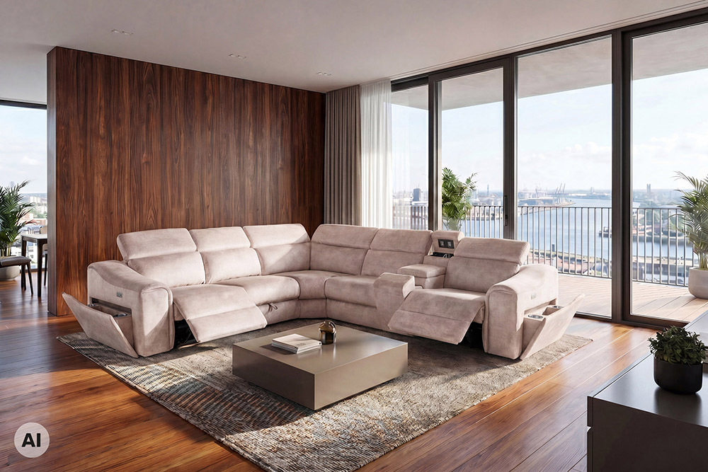 Multifunktionales Ecksofa PRIME 300cm beige Vogue Seiden Samtstoff Relaxfunktion