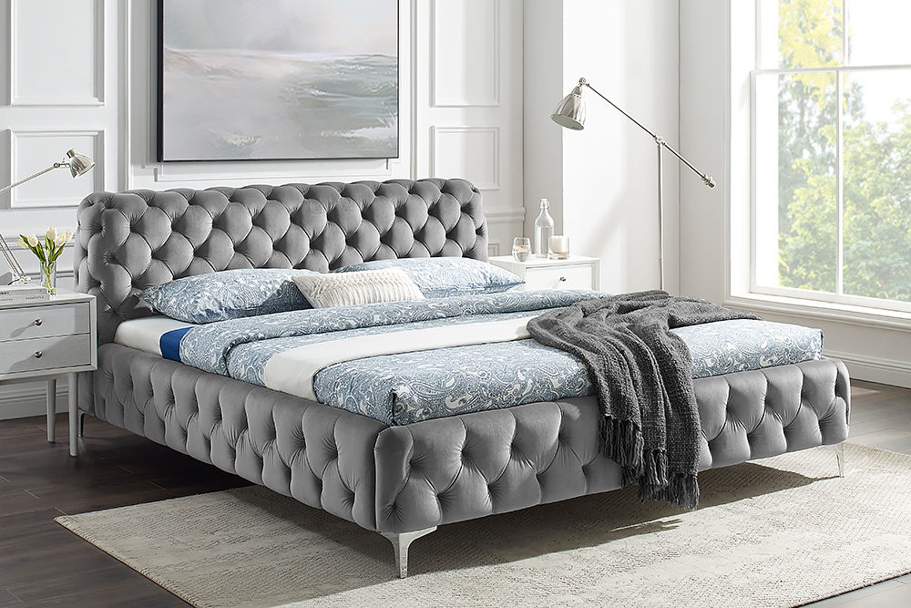 Design Bett MODERN BAROCK 160x200cm grau Samt Chesterfield Doppelbett