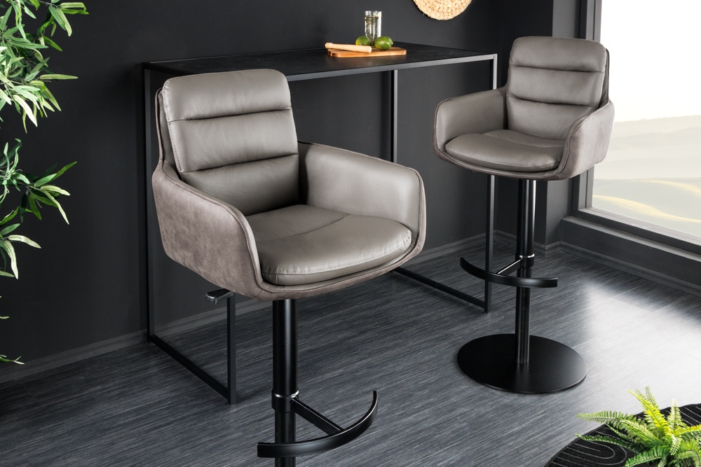 Drehbarer Design Barhocker BIG GEORGE taupe Echtleder Microfaser höhenverstellbar mit Armlehnen