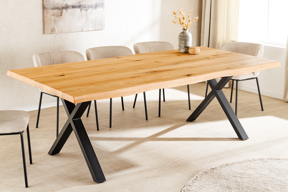 Massivholz Esstisch WILD OAK 160cm natur Wildeiche Baumkante geölt schwarz X-Gestell