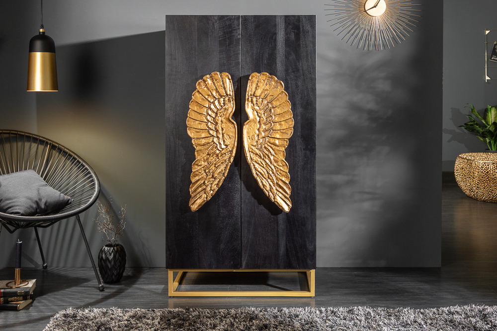 Extravagantes Highboard ANGEL 140cm schwarz Mangoholz mit goldenen Flügeln