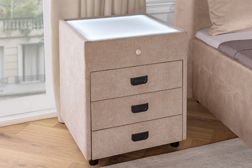 Quadratischer Nachttisch TOULOUSE 55cm beige Samt inkl. Beleuchtung und Schubladen