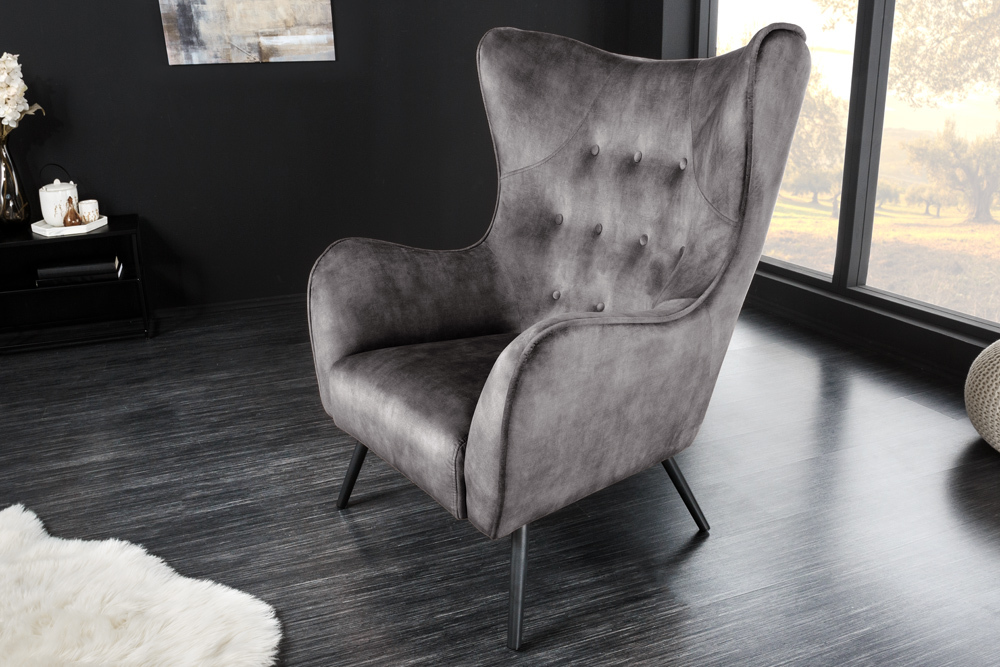 Design XL Sessel AMSTERDAM grau Samt schwarze Metallbeine Retro Stil Design XL Sessel AMSTERDAM grau Samt schwarze Metallbeine Retro Stil