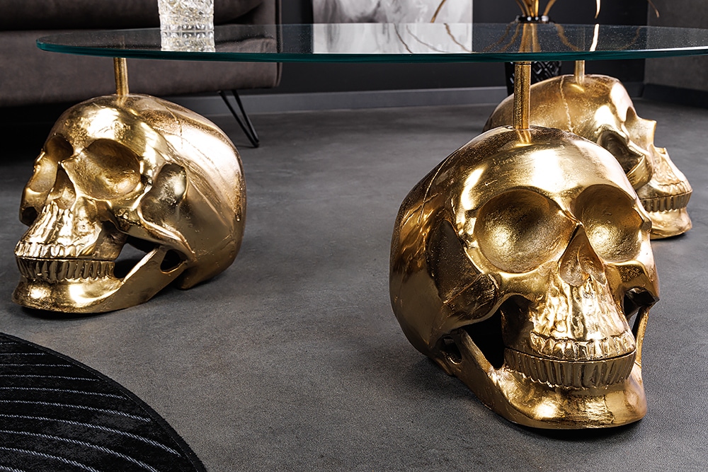 Design Couchtisch SKULL XXL 90cm gold rund Glasplatte Metall Totenkopf handmade