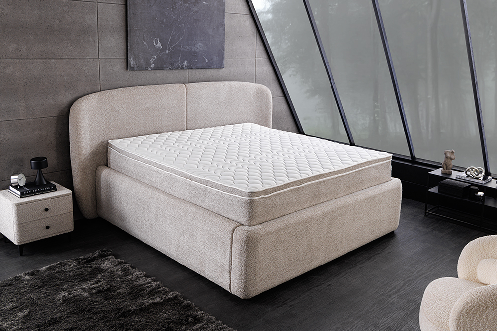 Modernes Boxbett ART DECO 180x200cm greige Bouclé mit Stauraum Matratze und Topper