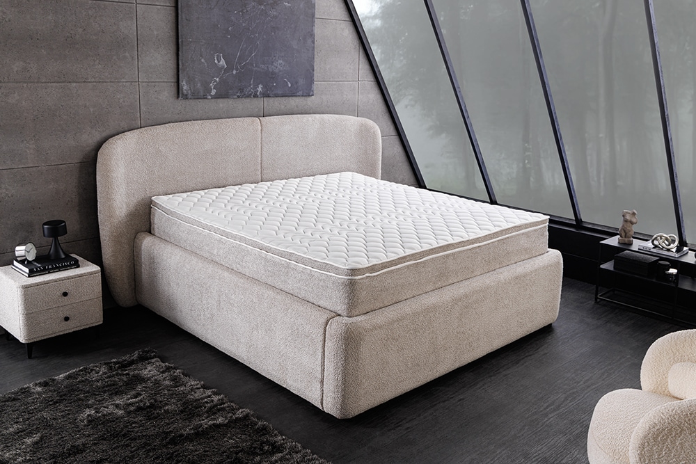 Modernes Boxbett ART DECO 180x200cm greige Bouclé mit Stauraum Matratze und Topper Modernes Boxbett ART DECO 180x200cm greige Bouclé mit Stauraum Matratze und Topper