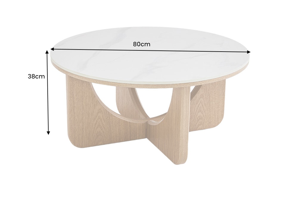 Runder Couchtisch ENSO 80cm weiß Marmor Keramik Eichenholz