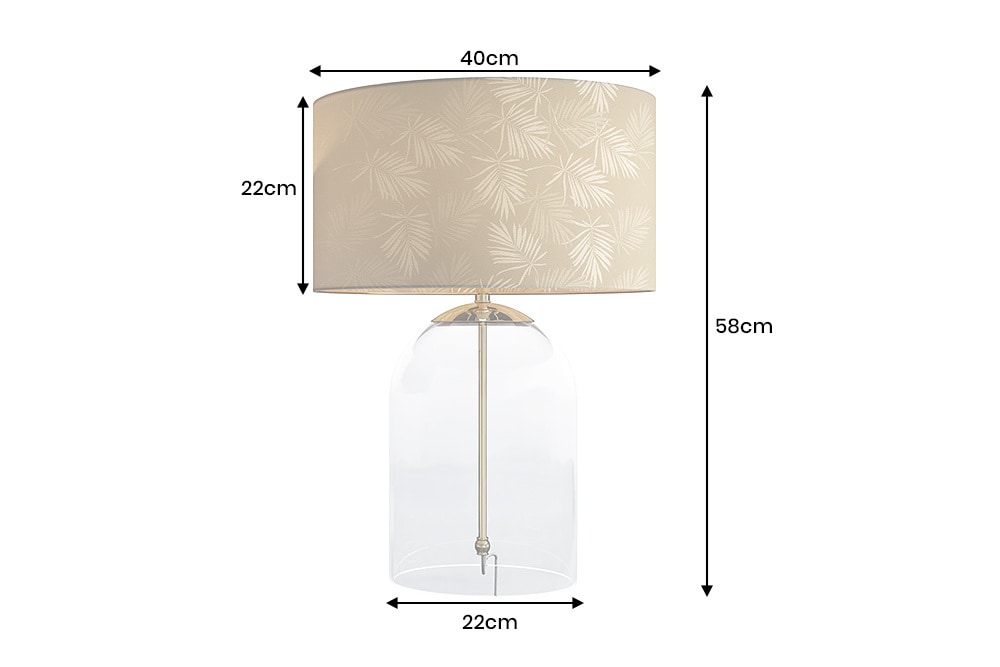 Moderne Tischlampe CLASSICO 60cm transparent Glas weiß gold Leinenschirm