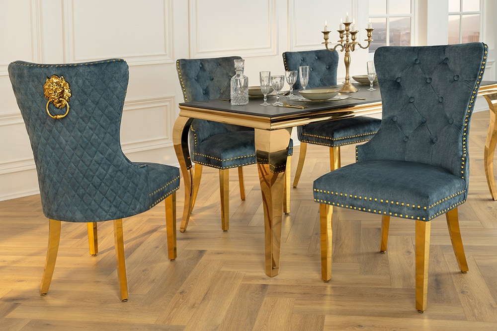 Barock Stuhl CASTLE DELUXE petrol Samt gold Edelstahl mit Löwenkopf Ziernieten