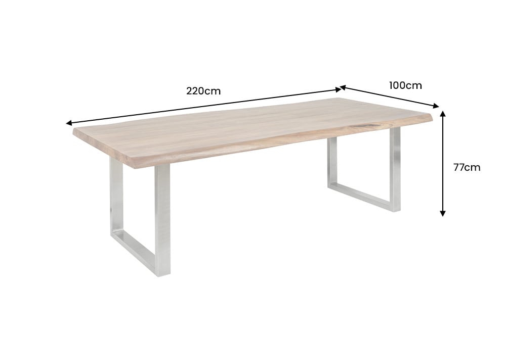Massiver Esstisch MAMMUT 220cm Akazie U-Gestell Edelstahl Baumkante 5cm Tischplatte