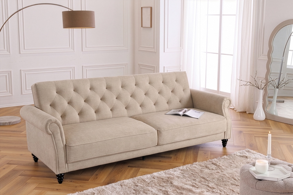 Schlafsofa MAISON BELLE AFFAIRE 220cm champagner beige Vogue Seiden Samtstoff 3-Sitzer