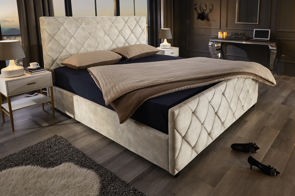 Design Boxbett ELYSIUM 180x200cm champagner beige Samt mit Stauraum und Lattenrost