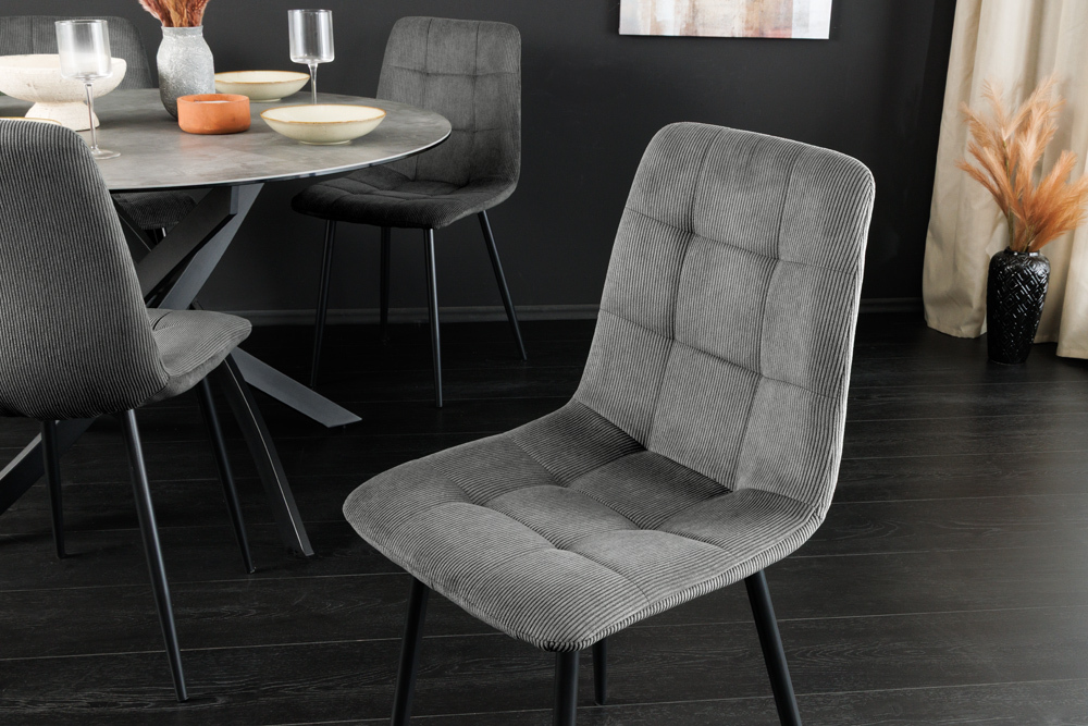 Moderner Design Stuhl TRES CHIC grau Cord schwarze Metallbeine Esszimmer