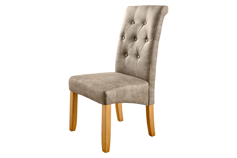 Design Stuhl CASA taupe Microfaser mit Zierknöpfen Massivholzbeine