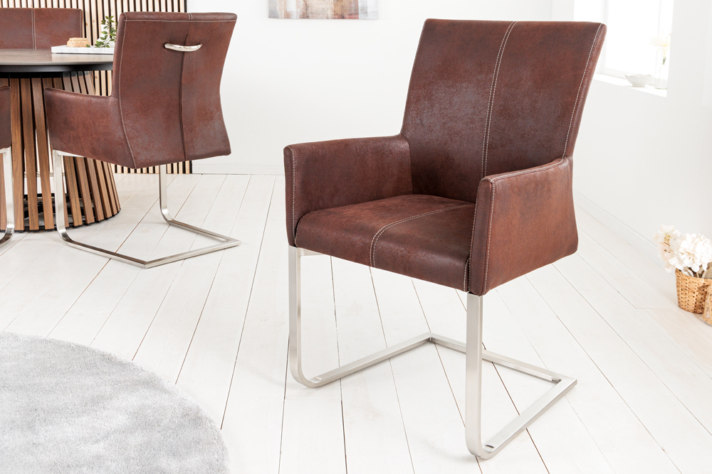 Freischwinger Stuhl SAMSON dark coffee mit Armlehne und Edelstahlrahmen